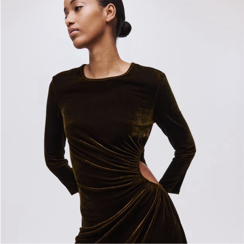H&M Olive Velvet Maxi Dress with Side Cutout